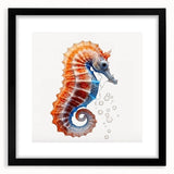 Elegant black-framed wall art featuring a vibrant seahorse design, part of a marine life collection, showcasing detailed aquatic colors and textures. Perfect for ocean-themed decor.