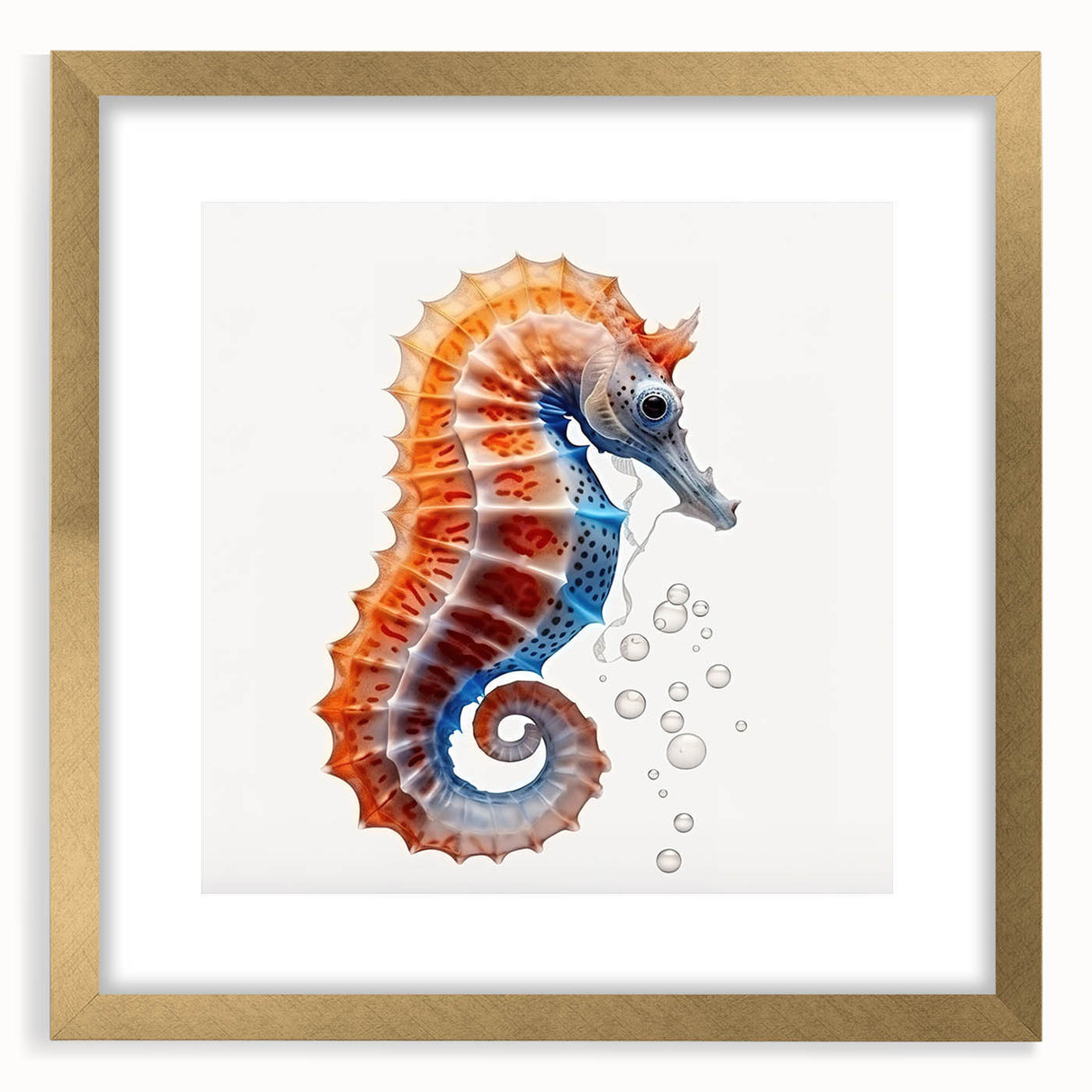 Gold-framed wall art featuring a detailed seahorse design, showcasing vibrant marine life colors against a white mat, ideal for ocean-themed decor.