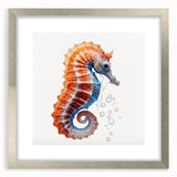 Seahorse wall art design featuring a silver frame and mat, showcasing intricate marine life details, perfect for ocean-themed decor in modern interiors.