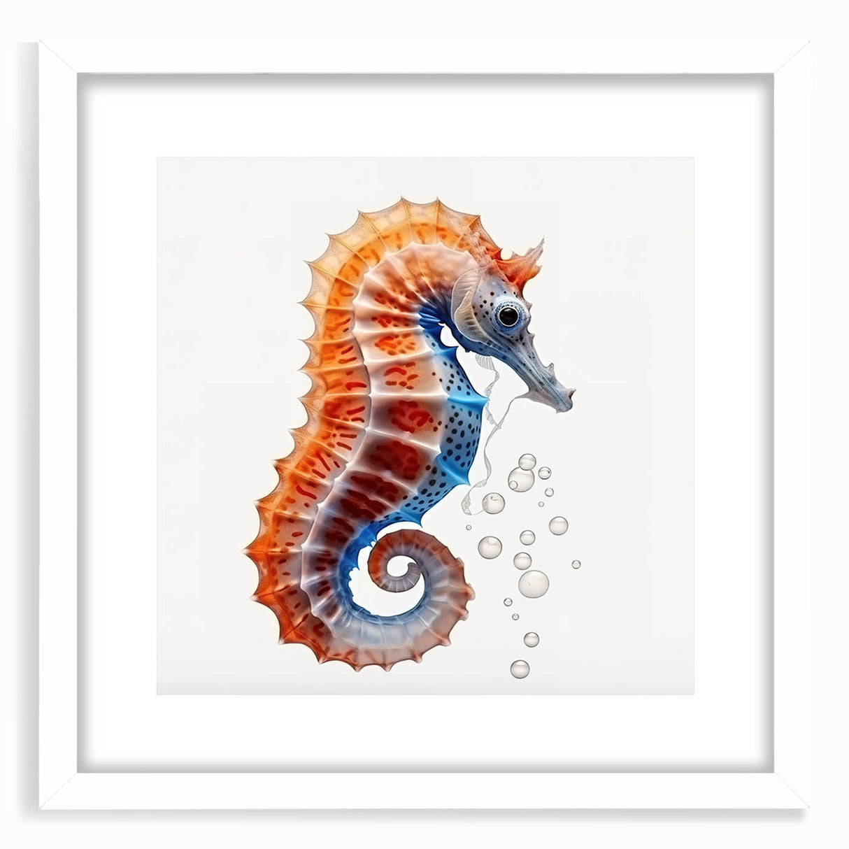 Framed wall art featuring a vibrant marine life seahorse design, showcasing intricate details and colors, set against a white mat for a modern touch. Perfect for ocean-themed decor.