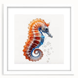Framed wall art featuring a vibrant marine life seahorse design, showcasing intricate details and colors, set against a white mat for a modern touch. Perfect for ocean-themed decor.