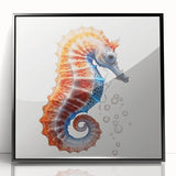 Framed wall art design featuring a detailed seahorse illustration in vibrant colors, set against a sleek black background, ideal for marine life enthusiasts.