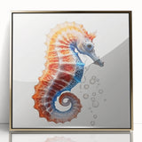 Framed acrylic wall art featuring a vibrant seahorse design with gold accents, perfect for marine life enthusiasts looking to enhance their home decor.