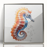 Framed wall art featuring a detailed seahorse design in vibrant colors, set in a sleek silver frame, ideal for marine-themed decor and ocean lovers.