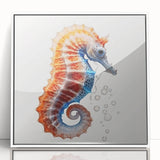 Framed wall art showcasing a vibrant seahorse design against a white background, perfect for marine life enthusiasts and coastal decor, adding unique charm to any space.