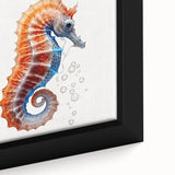 Close-up of a vibrant seahorse wall art design framed canvas, showcasing intricate details and colors, ideal for marine life enthusiasts and home decor.