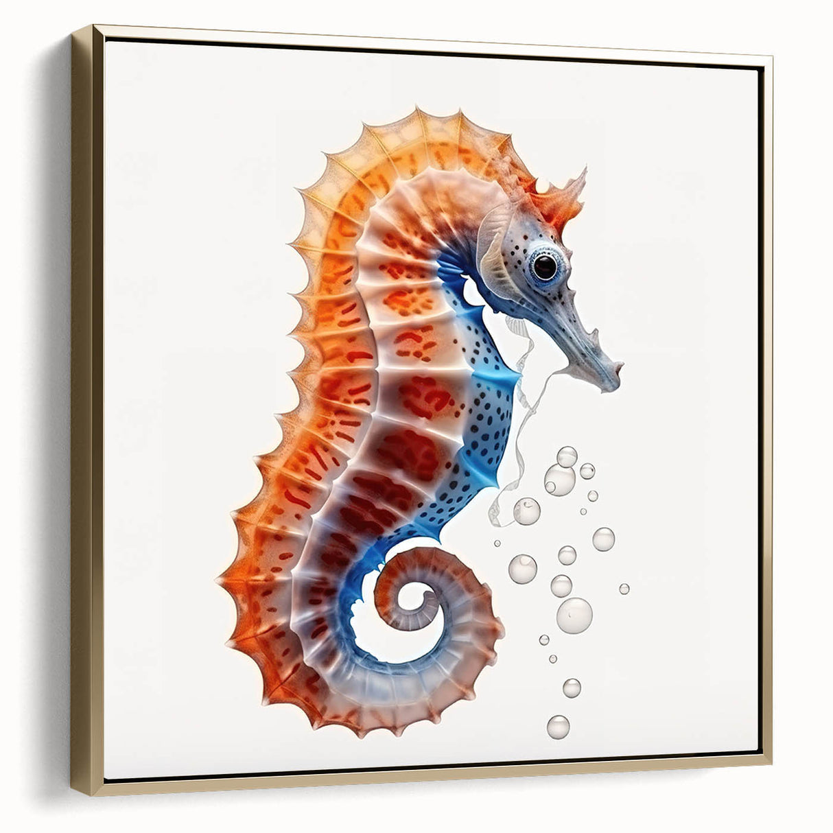 Framed canvas art depicting a vibrant seahorse design with intricate details in shades of blue and gold, perfect for marine-themed decor or ocean lovers.