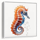 Framed canvas wall art showcasing a detailed seahorse design in vibrant colors, set against a white background, perfect for marine life enthusiasts and home decor.