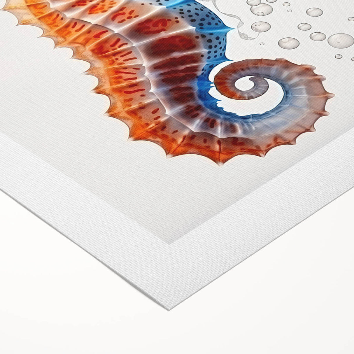 Vibrant rolled canvas wall art showcasing a detailed seahorse design, perfect for marine life enthusiasts, packaged securely in a cardboard tube for safe delivery.