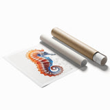 Vibrant seahorse wall art print showcasing intricate marine life design, ideal for ocean-themed decor, rolled for easy framing and display.