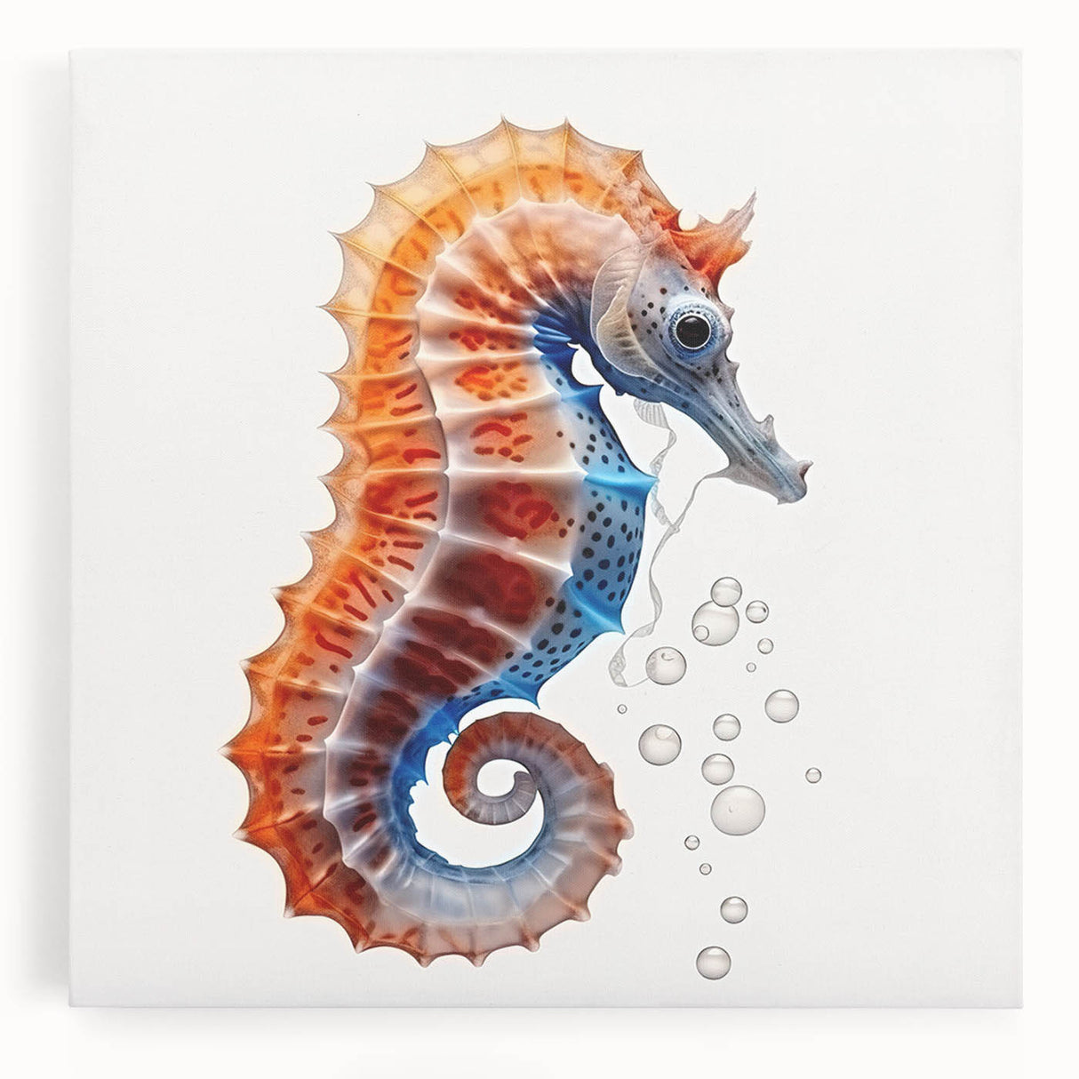 Vibrant seahorse wall art design on stretched canvas, showcasing intricate marine life details in vivid colors, ideal for coastal-themed decor or ocean lovers.