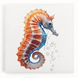 Vibrant seahorse wall art design on stretched canvas, showcasing intricate marine life details in vivid colors, ideal for coastal-themed decor or ocean lovers.