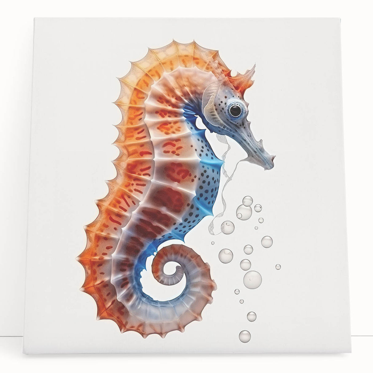 Stretched canvas wall art featuring a vibrant seahorse design, showcasing rich colors and intricate details, perfect for marine life enthusiasts and coastal decor.