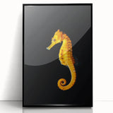 Framed acrylic wall art featuring a vibrant seahorse design in a marine life theme, showcasing intricate details and a sleek black frame, perfect for ocean lovers.