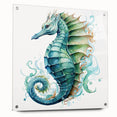 Side view of a vibrant wall art piece featuring a marine life seahorse design, crafted from acrylic glass, displayed with decorative pins, ideal for ocean-themed decor.