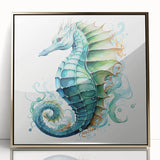 Framed acrylic wall art featuring a vibrant seahorse design in gold, set against a textured background, perfect for marine-themed home decor. Ideal for ocean lovers.