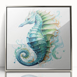 Framed acrylic wall art featuring a detailed seahorse design in vibrant colors, showcasing marine life. Ideal for ocean-themed decor, adding a touch of elegance.