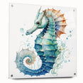 Vibrant wall art showcasing a marine life design featuring a detailed seahorse, crafted from acrylic glass, with a side view displaying decorative pins for hanging.