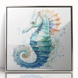 Framed wall art showcasing a detailed marine life seahorse design, featuring vibrant colors and a sleek acrylic finish, ideal for coastal home decor.
