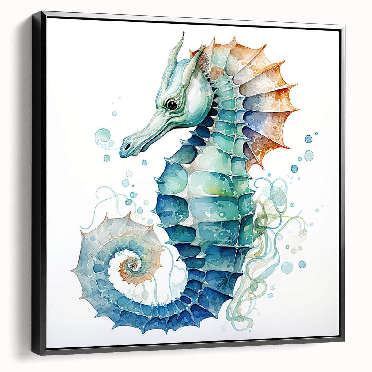 Framed canvas wall art showcasing a vibrant seahorse design in a marine life theme, featuring intricate details and a black frame, ideal for ocean-themed decor.