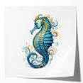 Colorful wall art print showcasing a vibrant marine life seahorse design, ideal for coastal-themed decor. Features intricate details and glossy finish, perfect for adding a touch of ocean-inspired elegance to any space.