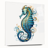 Vibrant seahorse wall art design displayed on acrylic glass, showcasing intricate details and colors, ideal for marine-themed home decor or ocean enthusiasts.