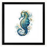 Seahorse-themed wall art print framed in black with a white mat, showcasing vibrant marine life design, ideal for ocean lovers and home decor enthusiasts.