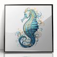 Framed wall art showcasing a vibrant seahorse design in marine life colors, featuring a sleek black frame with an acrylic front for a modern touch.