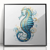 Framed wall art showcasing a vibrant seahorse design in marine life colors, featuring a sleek black frame with an acrylic front for a modern touch.