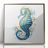 Framed wall art featuring a seahorse design with vibrant colors against a gold-acrylic background, perfect for marine life enthusiasts and coastal decor.