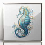 Framed wall art featuring a detailed marine life design of a seahorse in vibrant colors, set in a sleek silver frame, perfect for ocean-themed decor.