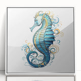 Framed wall art showcasing a vibrant seahorse design in a marine life theme, featuring a white frame and acrylic front for a sleek, modern look. Perfect for ocean lovers.