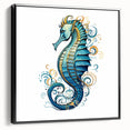 Framed canvas wall art featuring a detailed marine life design of a seahorse, showcasing vibrant colors and intricate textures, set against a sleek black frame.