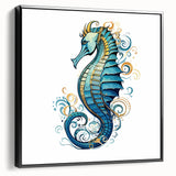 Framed canvas wall art featuring a detailed marine life design of a seahorse, showcasing vibrant colors and intricate textures, set against a sleek black frame.