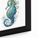 Close-up of framed canvas wall art depicting a vibrant seahorse design, showcasing intricate details and vivid colors, ideal for marine life enthusiasts.