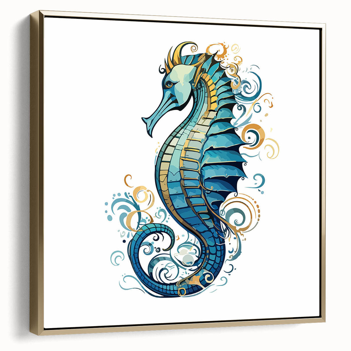Framed wall art showcasing a vibrant seahorse design in gold hues, ideal for marine life enthusiasts, perfect for home decor or coastal-themed interiors.