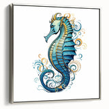 Framed wall art featuring a silver side view of a seahorse design, showcasing intricate details and vibrant colors, perfect for marine life enthusiasts.