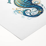 Seahorse wall art design in vibrant blues and greens, printed on rolled canvas, showcasing intricate marine life details, perfect for ocean-themed decor.