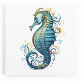 Colorful seahorse wall art design on stretched canvas, showcasing vibrant marine life with intricate details, perfect for ocean-themed decor.