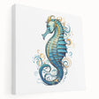 Stretched canvas wall art featuring a vibrant seahorse design, showcasing intricate marine life details against a blue background, perfect for ocean-themed decor.
