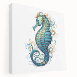 Stretched canvas wall art featuring a vibrant seahorse design, showcasing intricate marine life details against a blue background, perfect for ocean-themed decor.