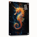 Colorful marine life wall art featuring a detailed seahorse design on acrylic glass, showcasing vibrant hues and a contemporary side view, perfect for ocean-themed decor.