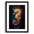 Framed wall art featuring a detailed seahorse design in vibrant colors, set against a sleek black mat, perfect for marine-themed decor in modern interiors.