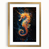 Elegant wall art featuring a detailed design of a seahorse in marine life, framed with a gold mat, perfect for ocean-themed decor. Ideal for beach house or aquatic-inspired interiors.