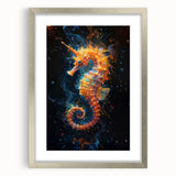 Framed wall art print featuring a detailed silver seahorse design, elegantly matted, perfect for marine-themed decor. Enhances coastal aesthetics in any room.