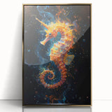 Framed wall art featuring a gold-accented seahorse design, showcasing vibrant marine life colors, perfect for coastal-themed decor. Ideal for ocean lovers.