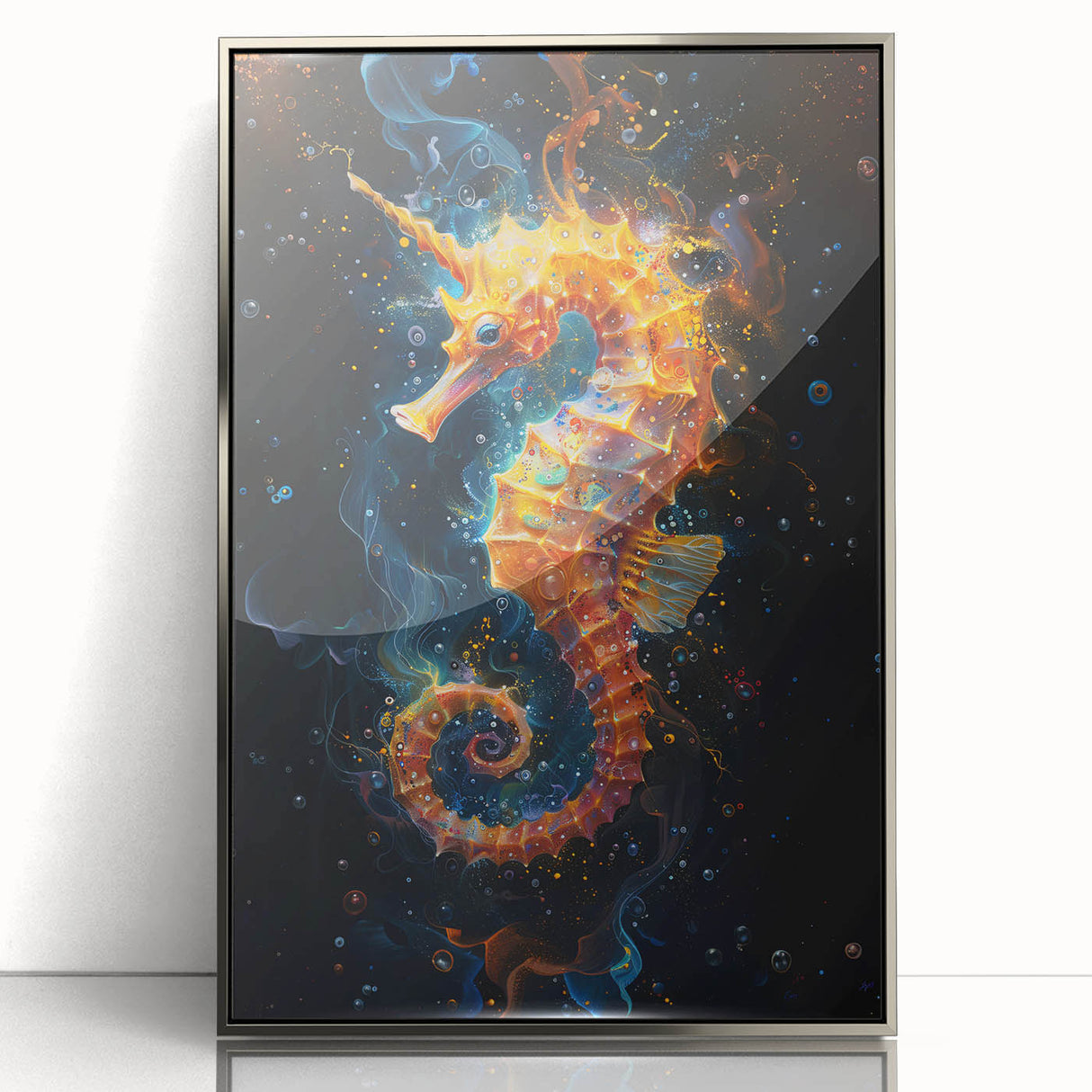Framed wall art featuring a vibrant marine life design, showcasing a detailed silver-acrylic seahorse against a sleek backdrop, perfect for ocean-themed decor.