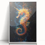 Framed wall art featuring a vibrant marine life design of a seahorse in a white frame, showcasing intricate details and colors, perfect for ocean-themed decor.