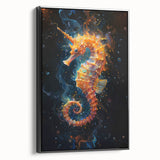 Framed wall art canvas depicting a vibrant seahorse design in marine life theme, featuring a black frame and side view that enhances its contemporary aesthetic. Perfect for ocean lovers and home decor enthusiasts, this piece adds a touch of elegance to any space.