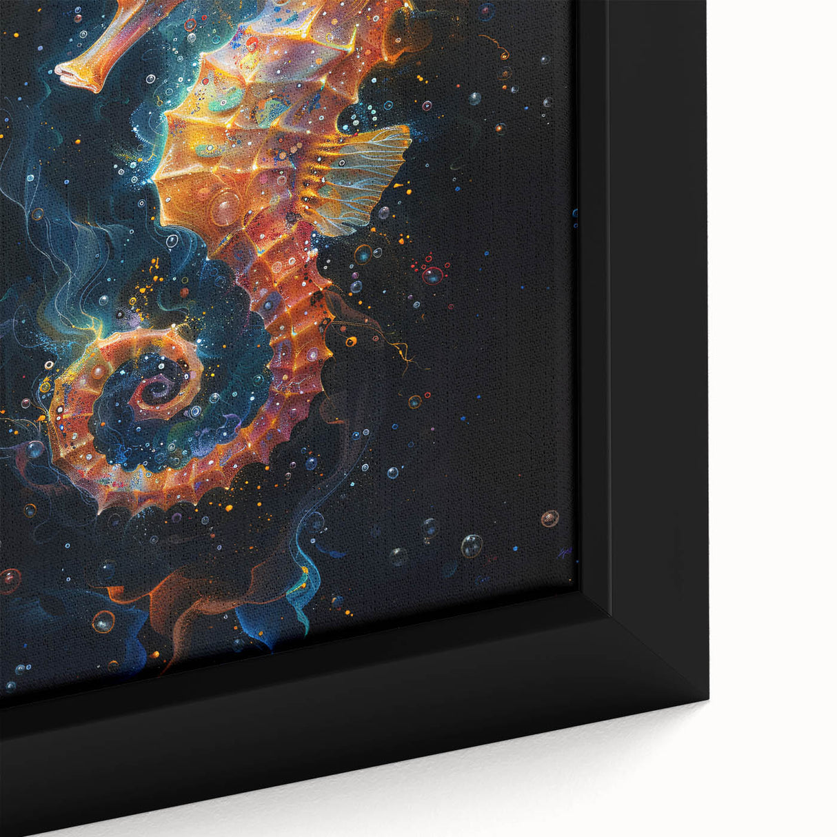 Close-up of a framed canvas wall art featuring an intricate seahorse design, showcasing vibrant colors and detailed textures, perfect for marine life enthusiasts.